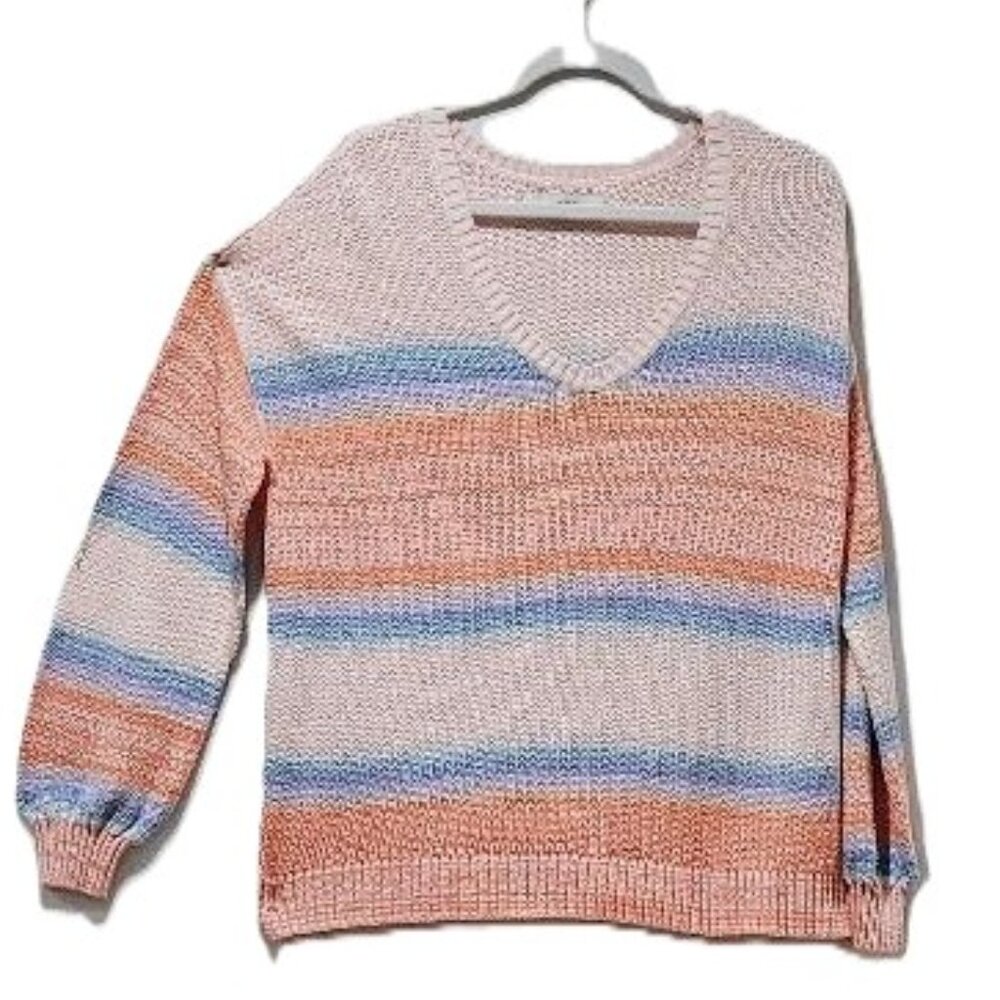 LOFT PASTEL STRIPE V-NECK LONG SLEEVE COTTON NATURAL FIBER SWEATER  L